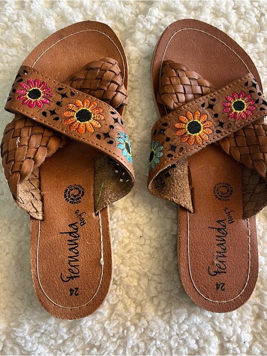 Shoes - Mexican Sandals Brown Leather Slide Sandals with Embroidered Floral Detail